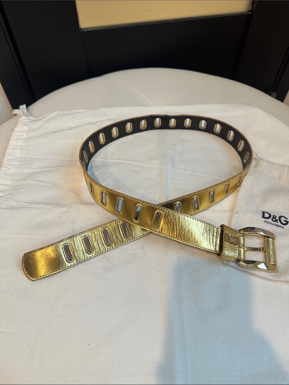 Authentic D&G Dolce & Gabbana Metallic Gold  Belt – Logo Buckle